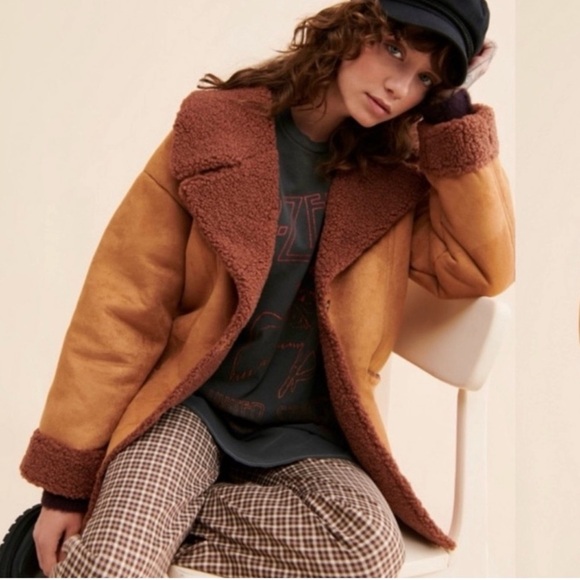 NWT Free People Diogo Oversized Colorblock Faux Sherpa Suede Brown Coat Jacket - Picture 12 of 12